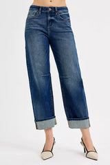 RISEN Slouchy Crop Barrel Cuffed Jeans with trendy denim design, showcasing cropped length and barrel cuff style.