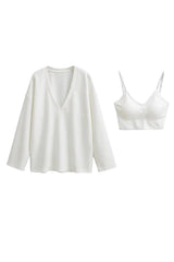 White Basic Bae Air Scuba V-Neck Sweatshirt with coordinating bra, ideal for layering and relaxed everyday wear.