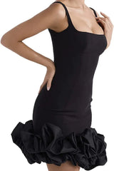 Side view of black Ruched Square Neck Sleeve Mini Dress from GirlSavvi, emphasizing curve-hugging fit and dramatic hem ruffles.