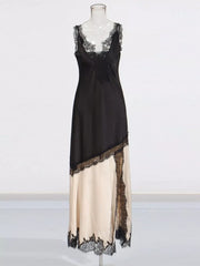 Black Cream Lace Trimmed Two-Tone Slip Dress on mannequin showcasing its elegant lace detailing.