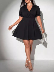Black Plus Size Short Sleeve Mini Dress featuring a collared V-neckline and flared skirt, perfect for any occasion.