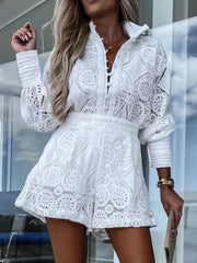 Trendy Lace Button Detail Long Sleeve Top and Shorts Set from GirlSavvi in white, designed for a chic and breathable summer wardrobe.