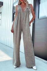 Khaki V-Neck Sleeveless Denim Jumpsuit with front pleats and side pockets, perfect for laid-back yet stylish outfits.