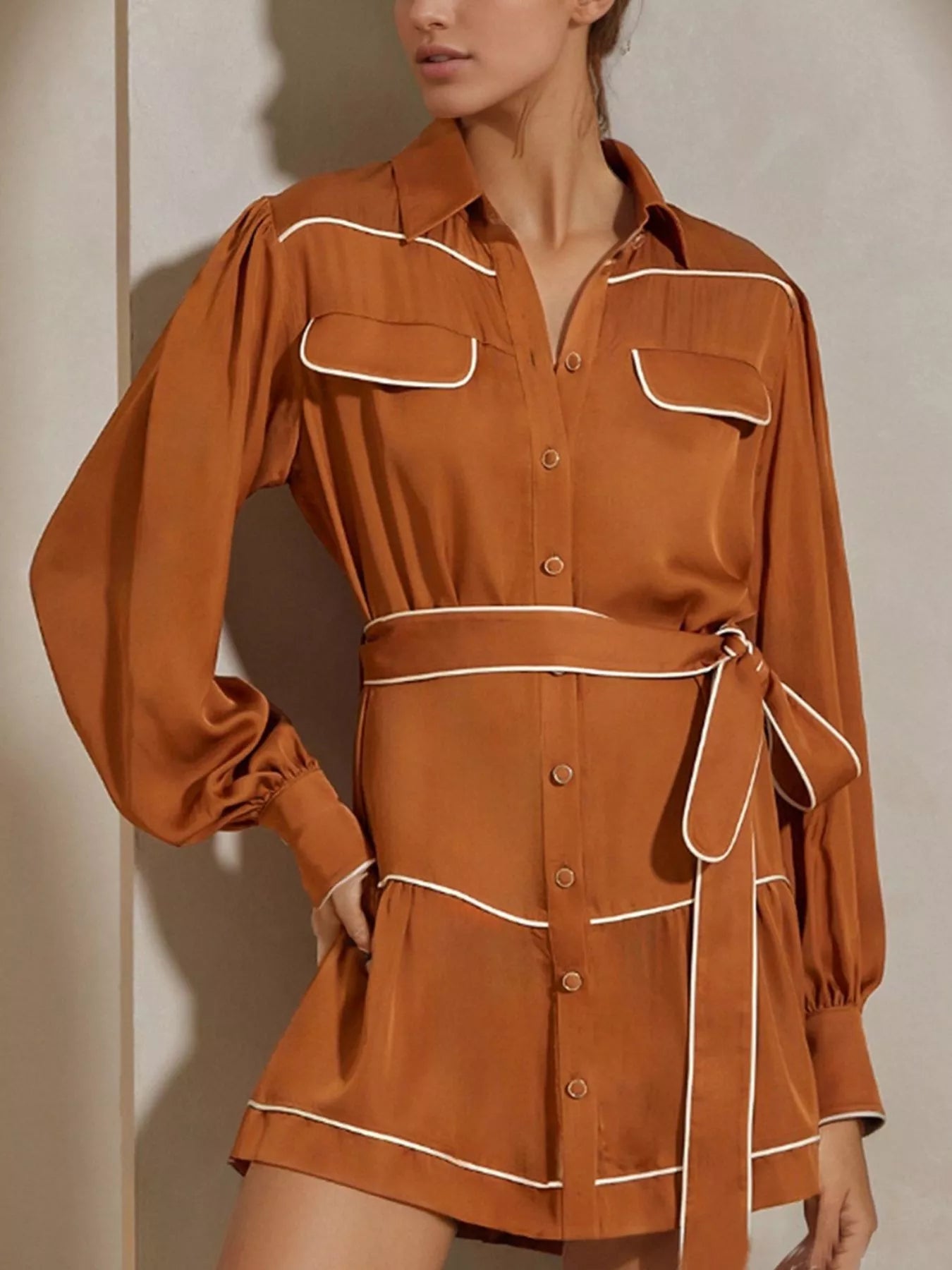 Model wearing Button Front Long Sleeve Shirt Dress in brown with belted waist and tiered design. Features buttoned front with no stretch.