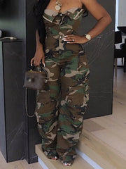 Cargo Camouflage Sleeveless Jumpsuit showcasing a stylish design with camouflage pattern, perfect for casual wear.