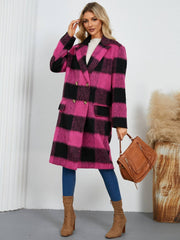 Fashion-forward pink and black Plaid Double-Breasted Long Sleeve Coat with gold buttons and front pockets, ideal for standout outerwear.