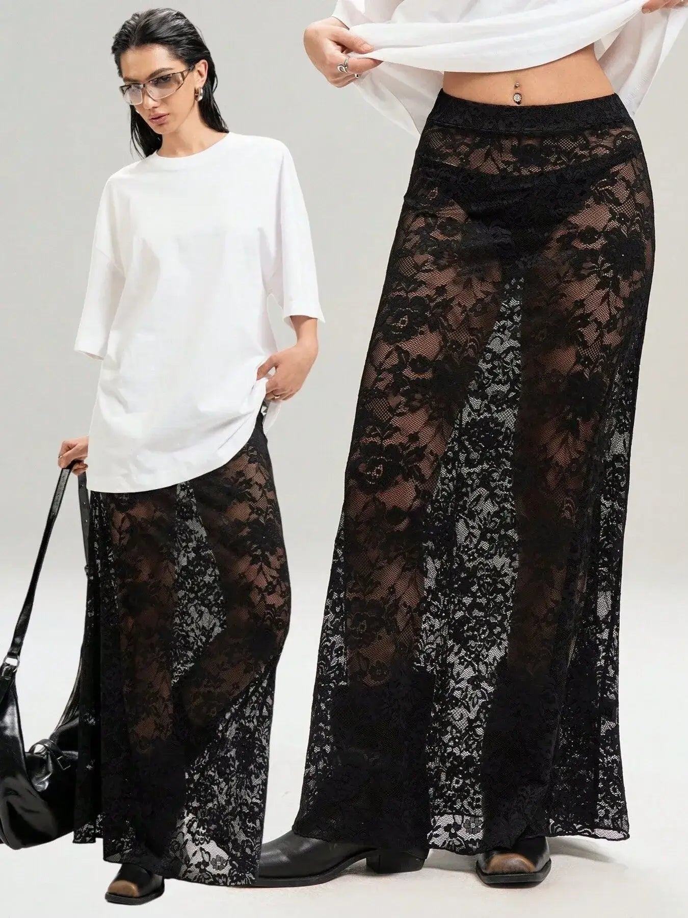 Women's chic lace maxi skirt in sheer black, paired with casual white top and black boots. Versatile for day or night styling.