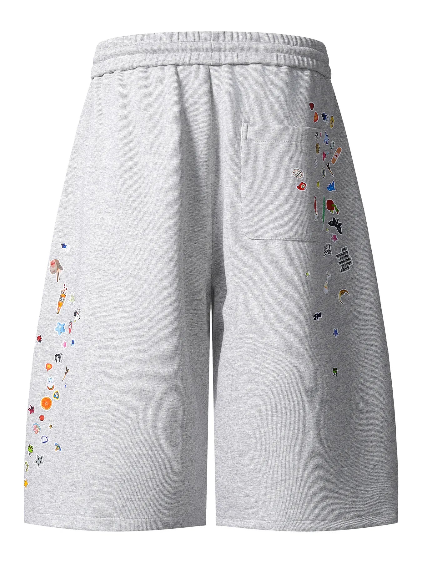 Cotton Printed Drawstring Casual Shorts with colorful graphic accents on a gray background.