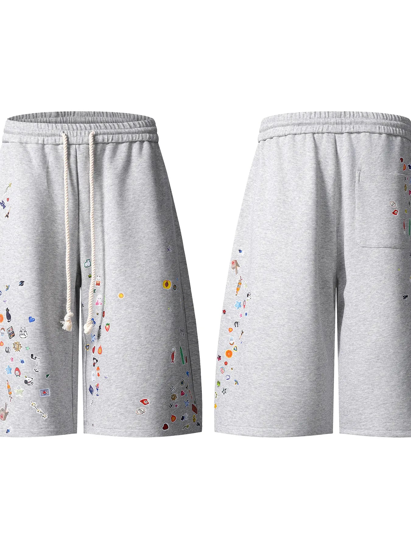 Cotton Printed Drawstring Casual Shorts in gray with colorful graphic prints and an elastic waistband.