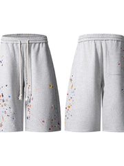 Cotton Printed Drawstring Casual Shorts in gray with colorful graphic prints and an elastic waistband.