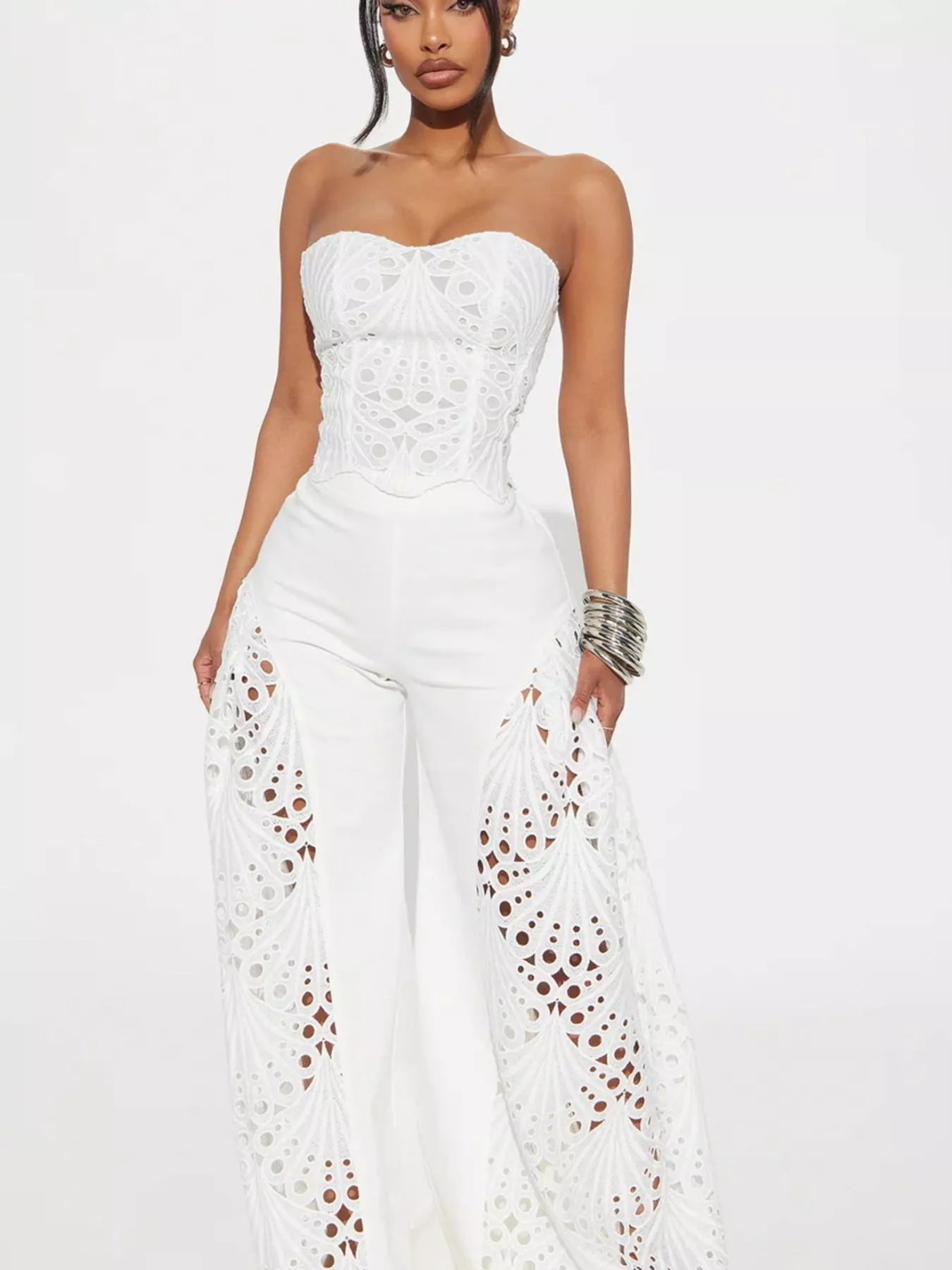 Cutout Tube Top and Wide Leg Pants Set featuring a structured tube top and wide leg design in white.