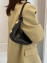 Black PU Leather PVC Shoulder Bag styled with beige blazer, offering a sleek and elegant accessory for modern outfits.