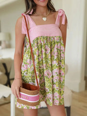 Printed Square Neck Tie Shoulder Mini Dress in pink floral with striped bodice, perfect for summer chic casual outings.