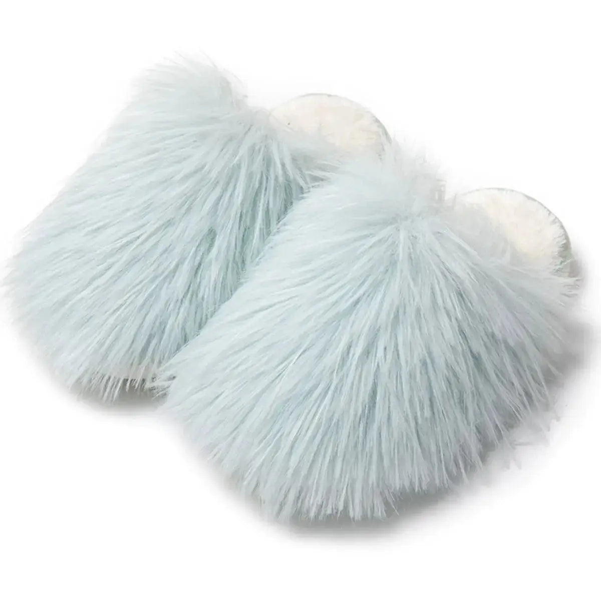 Light blue round toe flats slippers with soft fluff and PVC construction, offering stylish comfort for indoor wear.