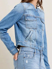 Side profile of Cargo Denim Jacket - Snap Down Pocketed paired with light wash jeans, emphasizing cropped fit and utility pockets.