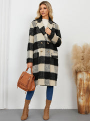 Classic black and cream Plaid Double-Breasted Long Sleeve Coat with button closure and lapel collar, ideal for stylish winter layering.