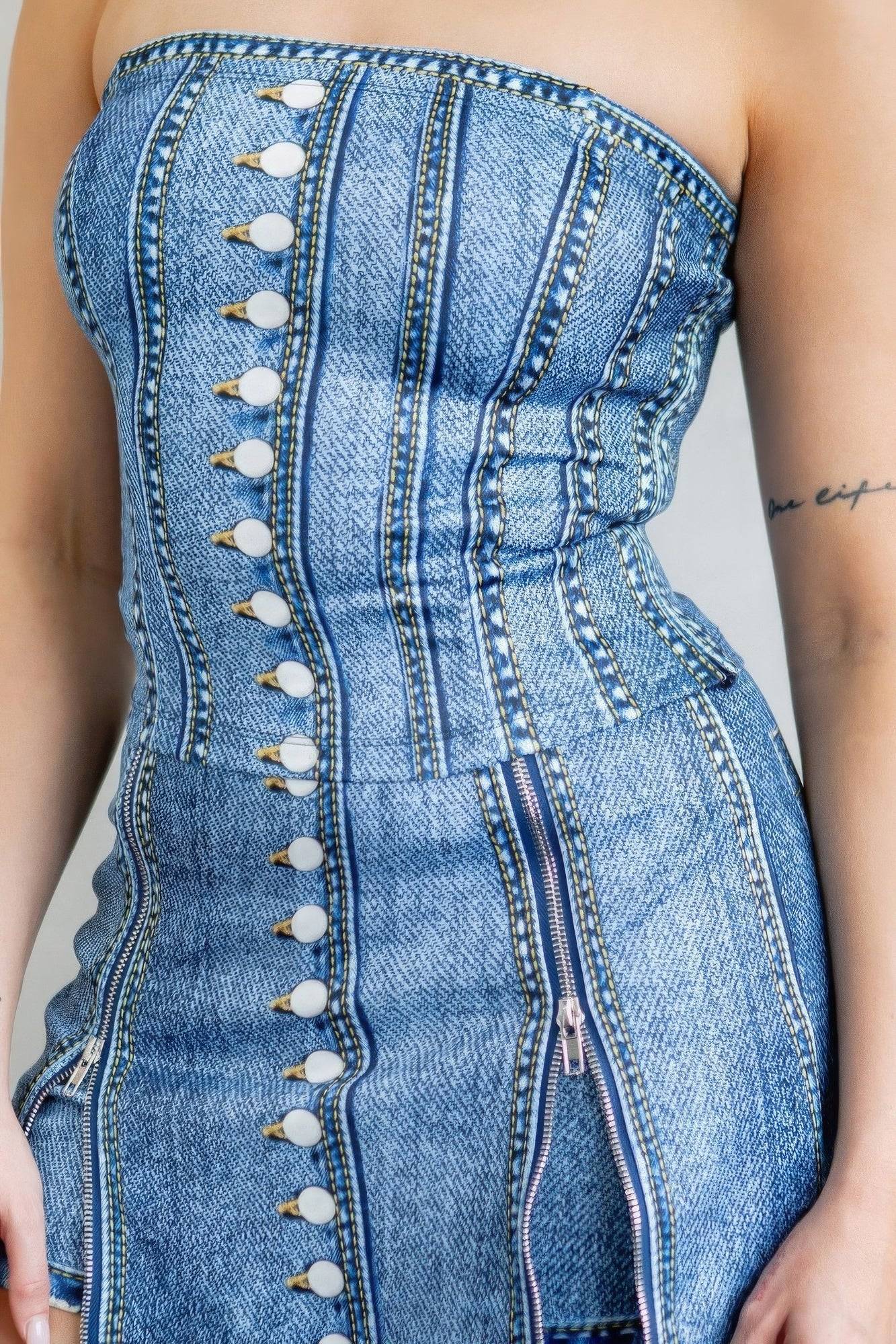 Denim Effect Corset Top & Bottom Set - GirlSavvi