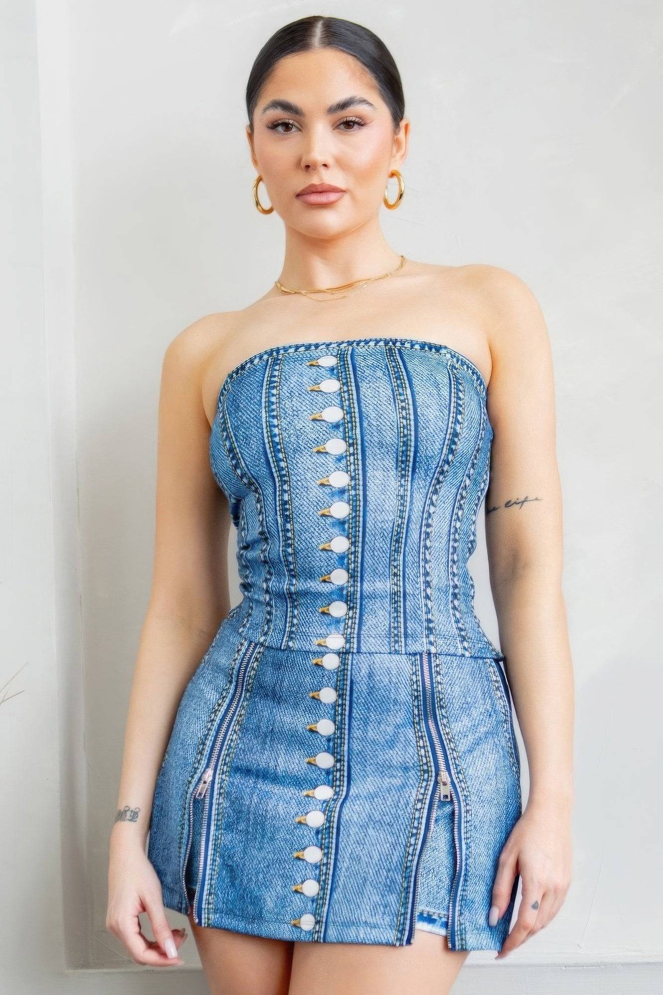 Denim Effect Corset Top & Bottom Set - GirlSavvi