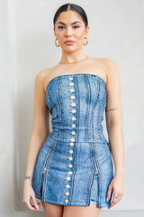 Denim Effect Corset Top & Bottom Set - GirlSavvi