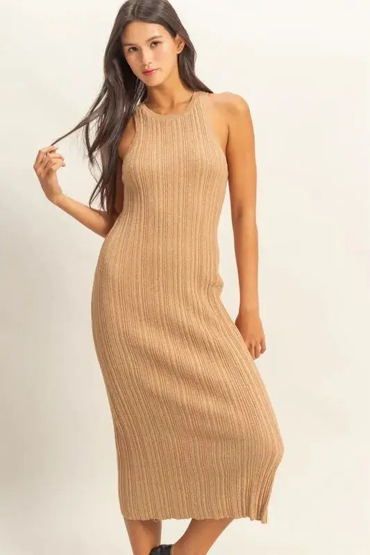 HYFVE Round Neck Bodycon Ribbed Knit Dress.