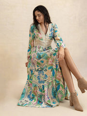 Effortlessly Chic Slit Printed V-Neck Long Sleeve Midi Dress in a seated pose, emphasizing the soft fabric and colorful floral pattern.