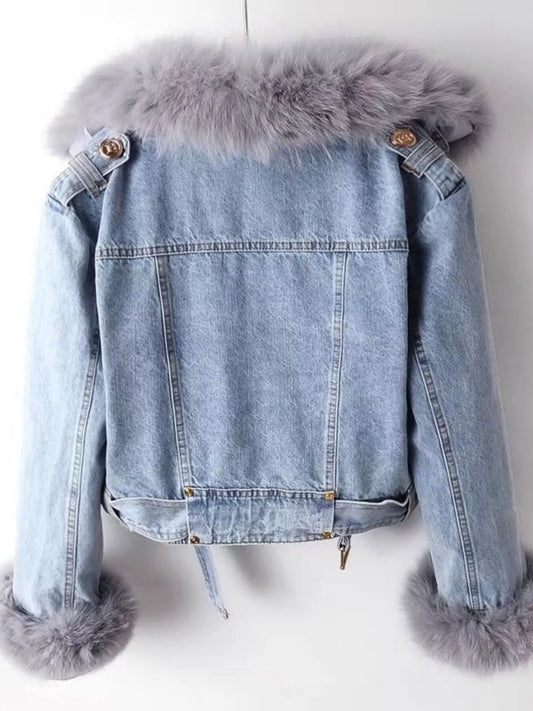 Full Size Faux Fur Collar Denim Jacket Plus Size with plush faux fur collar and cuffs, combining casual cool with luxury.