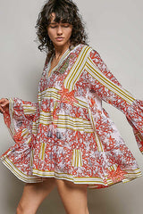 POL Striped Floral Long Sleeve Mini Dress with Pintuck Detail featuring a vibrant coral and starfish print.