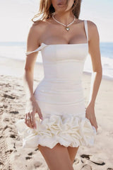 White Ruched Square Neck Sleeve Mini Dress by GirlSavvi with ruffled hem, styled for beachwear in the Dresses category on Trendsi.
