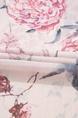 Fabric close-up of Floral Pleated Deep V Backless Maxi Dress showing pink peony floral print on light chiffon material.