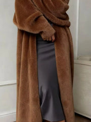 Fuzzy Open Front Longline Cardigan in soft plush texture with relaxed fit draped over a dress, showcasing a stylish and polished look.