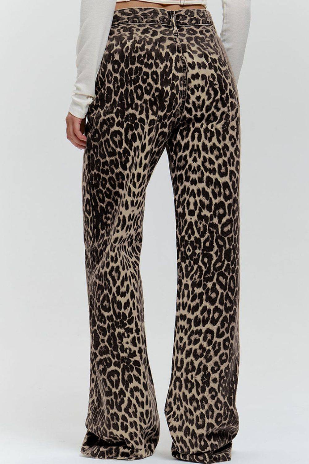 Back view of Leopard Wide Leg Pants with Pockets highlighting the wide leg silhouette and seamless rear design for a flattering fit.