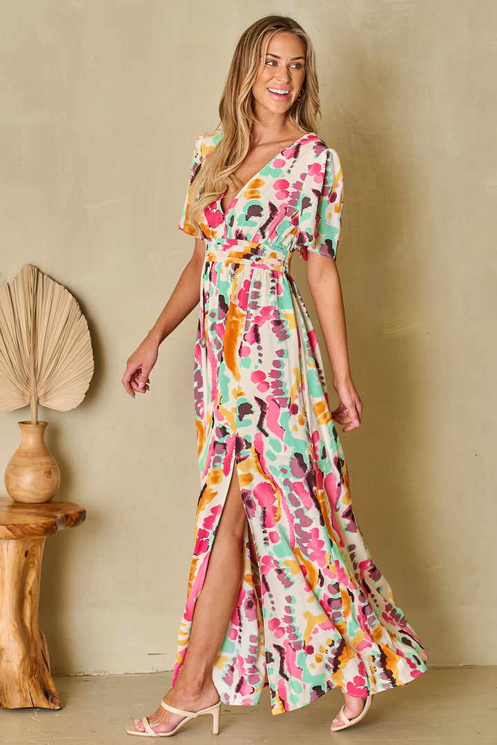 Women's Slit Printed Surplice Short Sleeve Maxi Dress
