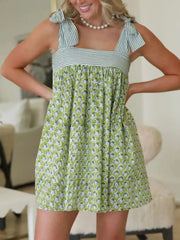Flowy green Printed Square Neck Tie Shoulder Mini Dress with floral print and striped neckline, perfect for warm weather.