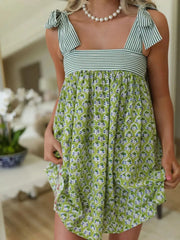 Green floral Printed Square Neck Tie Shoulder Mini Dress with striped bodice, styled for casual summer chic fashion.