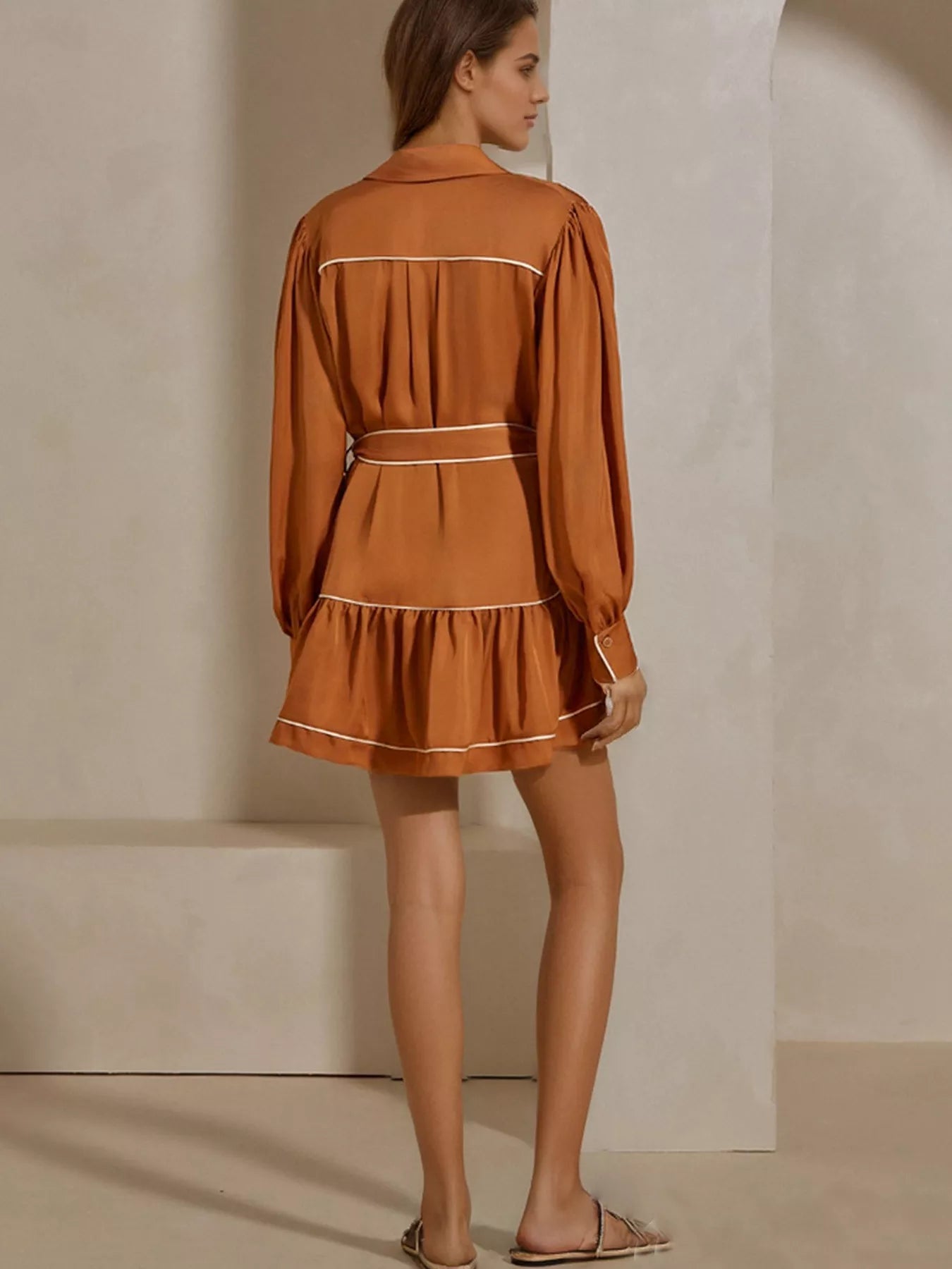 Rear view of Button Front Long Sleeve Shirt Dress in brown, featuring a belted waist and tiered design.