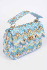 Faux Straw Flap Top Handle Bag with textured weave and gold studs in blue and pastel colors.