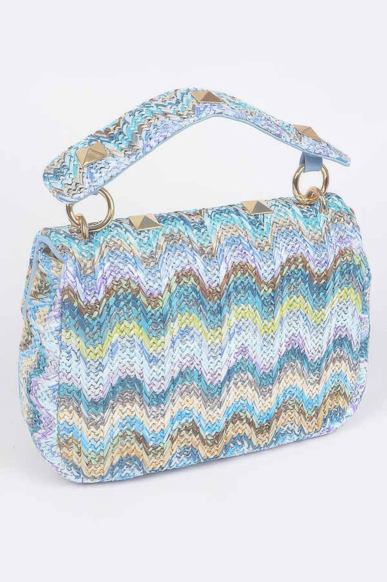 Faux Straw Flap Top Handle Bag featuring a colorful zigzag pattern and a stylish top handle.