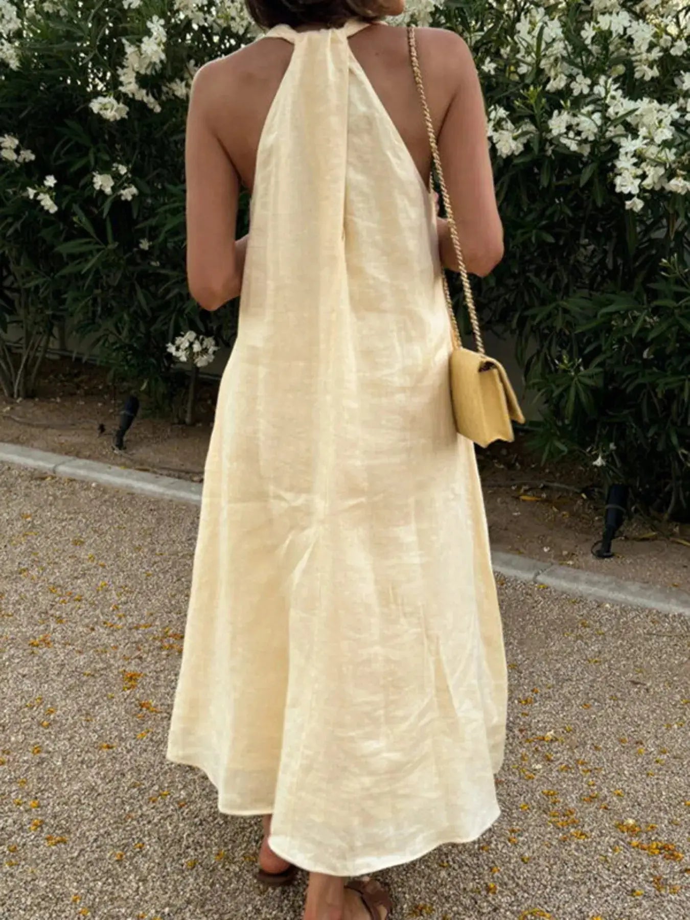 Halter V-Neck Linen Midi Dress.