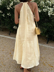 Halter V-Neck Linen Midi Dress.