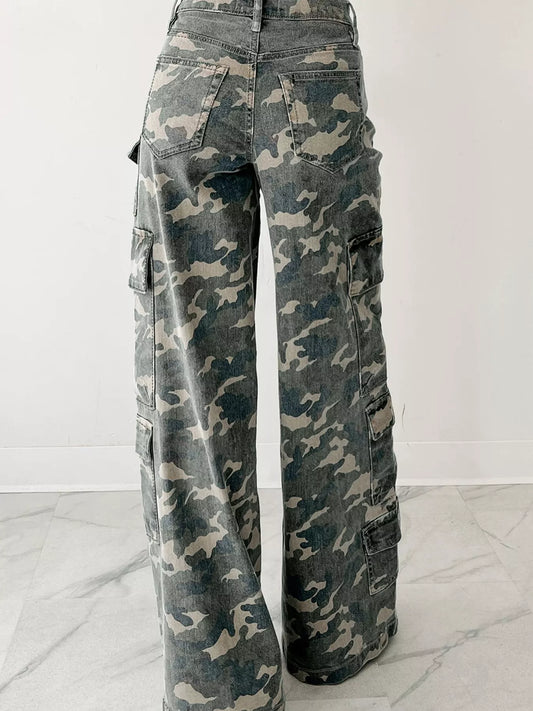 Back view of Camo Print Wide Leg Cargo Jeans with wide-leg fit and utility pockets on white background.