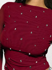 Rhinestone Embellished Long Sleeve T-Shirt in rich red with scattered rhinestone details on soft, stretchy fabric.