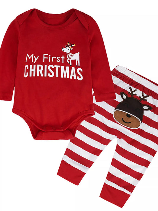 Children's My First Christmas Reindeer Baby Outfit Set with red onesie and striped pants