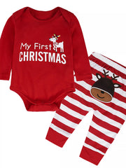 Children's My First Christmas Reindeer Baby Outfit Set with red onesie and striped pants