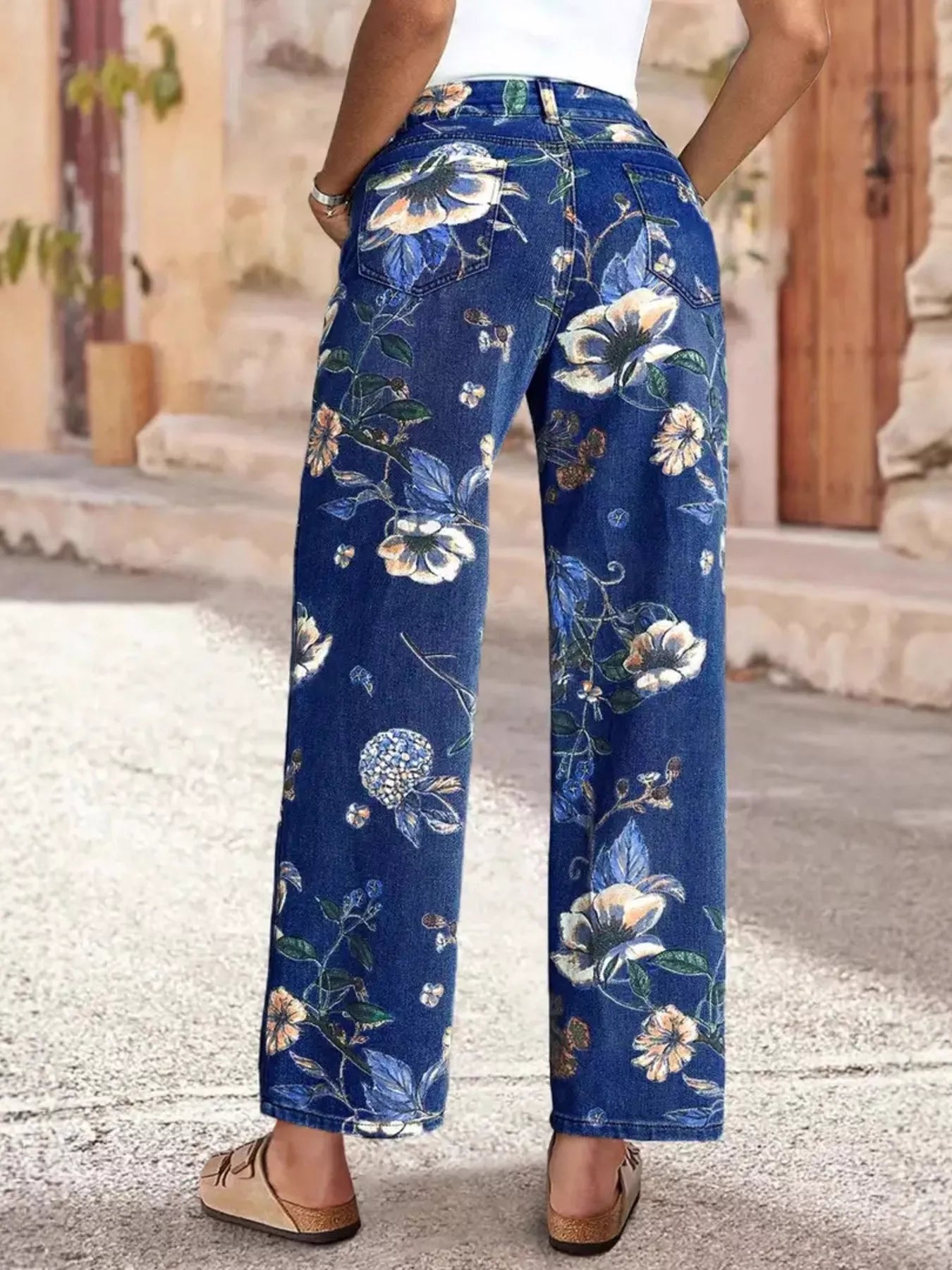 Floral Print Wide Leg Jeans showcasing floral design from the back, perfect for summer chic outfits.