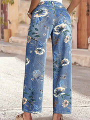Back view of Floral Print Wide Leg Jeans showcasing vibrant floral design on denim, perfect for summer chic style.