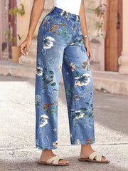 Model wearing Floral Print Wide Leg Jeans featuring a floral design, perfect for a summer chic look.