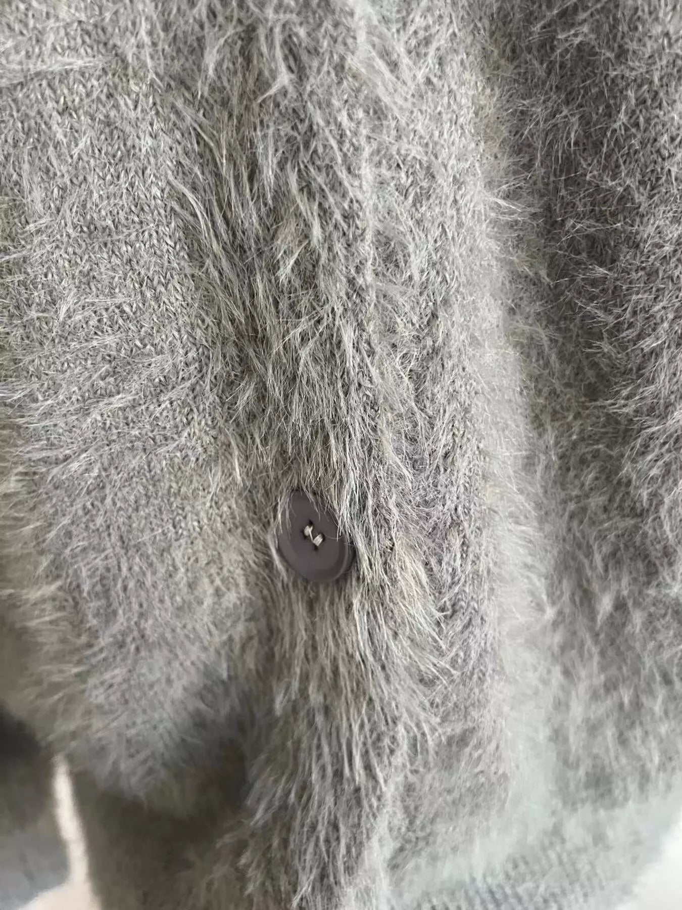Fuzzy Knit Mohair Cardigan Button Down showing fabric texture and button detail in soft gray color.