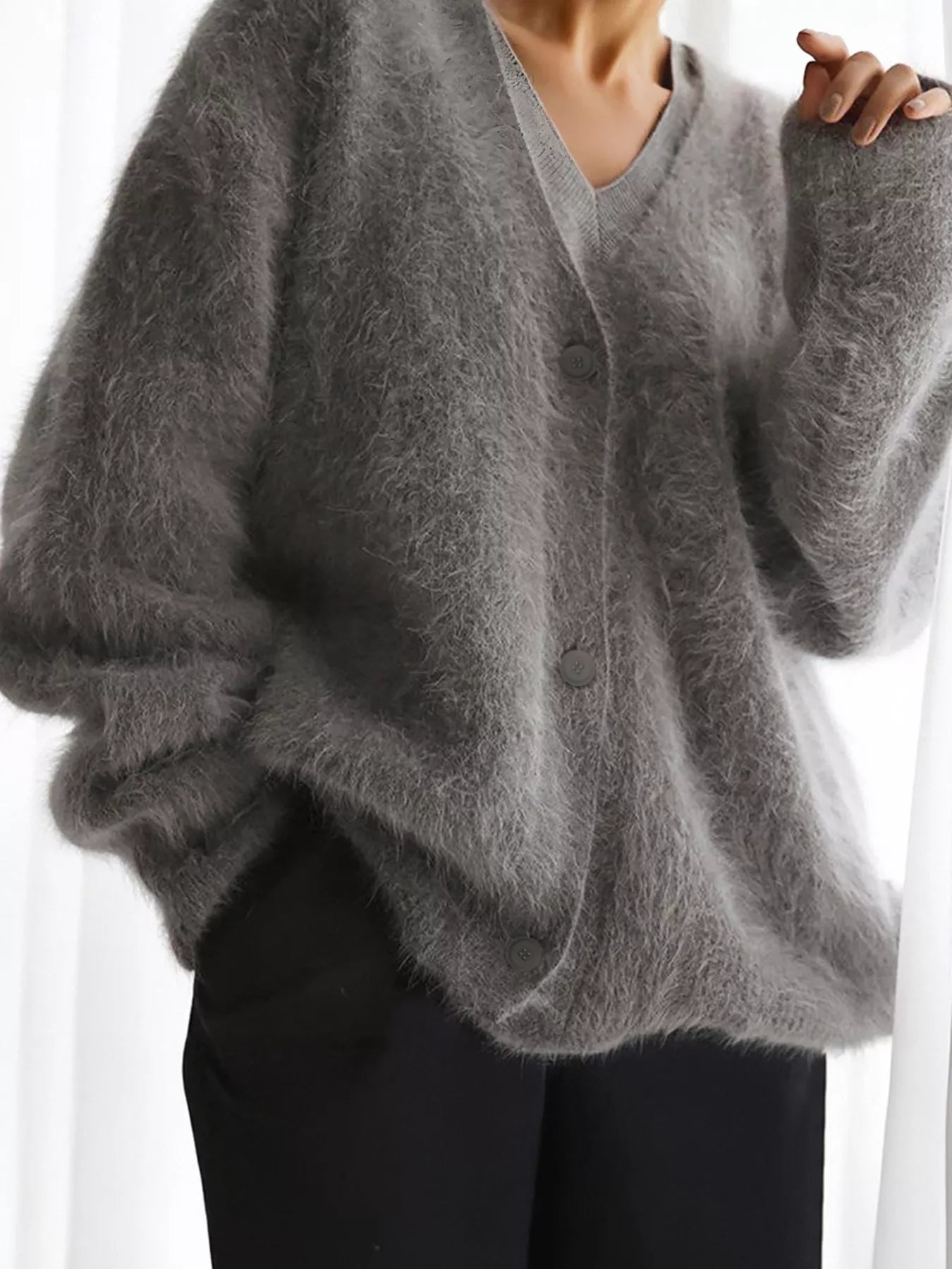 Fuzzy Knit Mohair Cardigan Button Down in dark gray, featuring a cozy, oversized fit and buttoned detail.