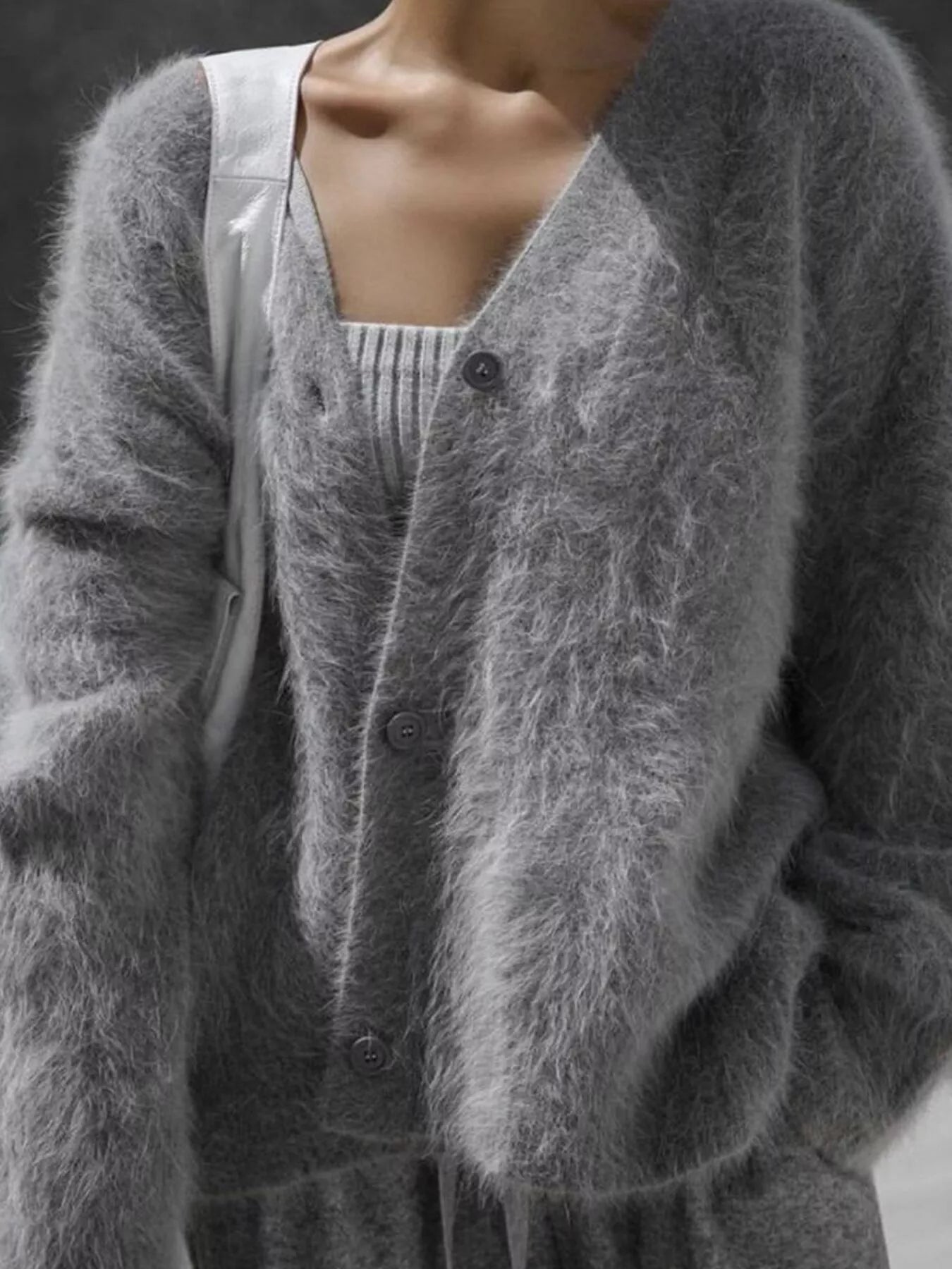 Fuzzy Knit Mohair Cardigan Button Down in gray with button details and a stylish relaxed fit.