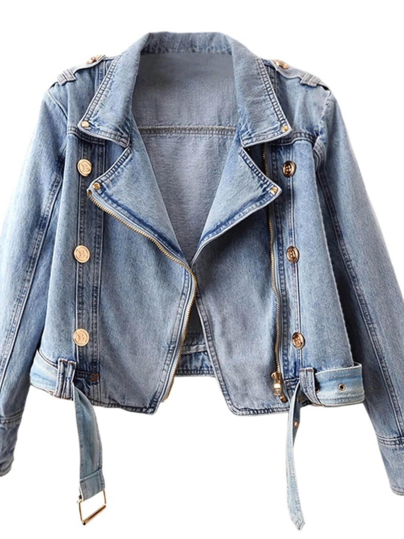 GirlSavvi Zip Denim Jacket featuring a buttoned front, belted design, and raw hem for a stylish look.